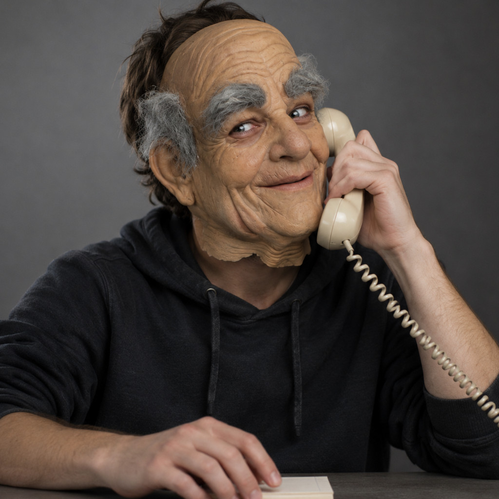 A man wearing an old-man mask, balding with bushy grey eyebrows, smiles mischievously, holding a beige corded telephone receiver to his ear.